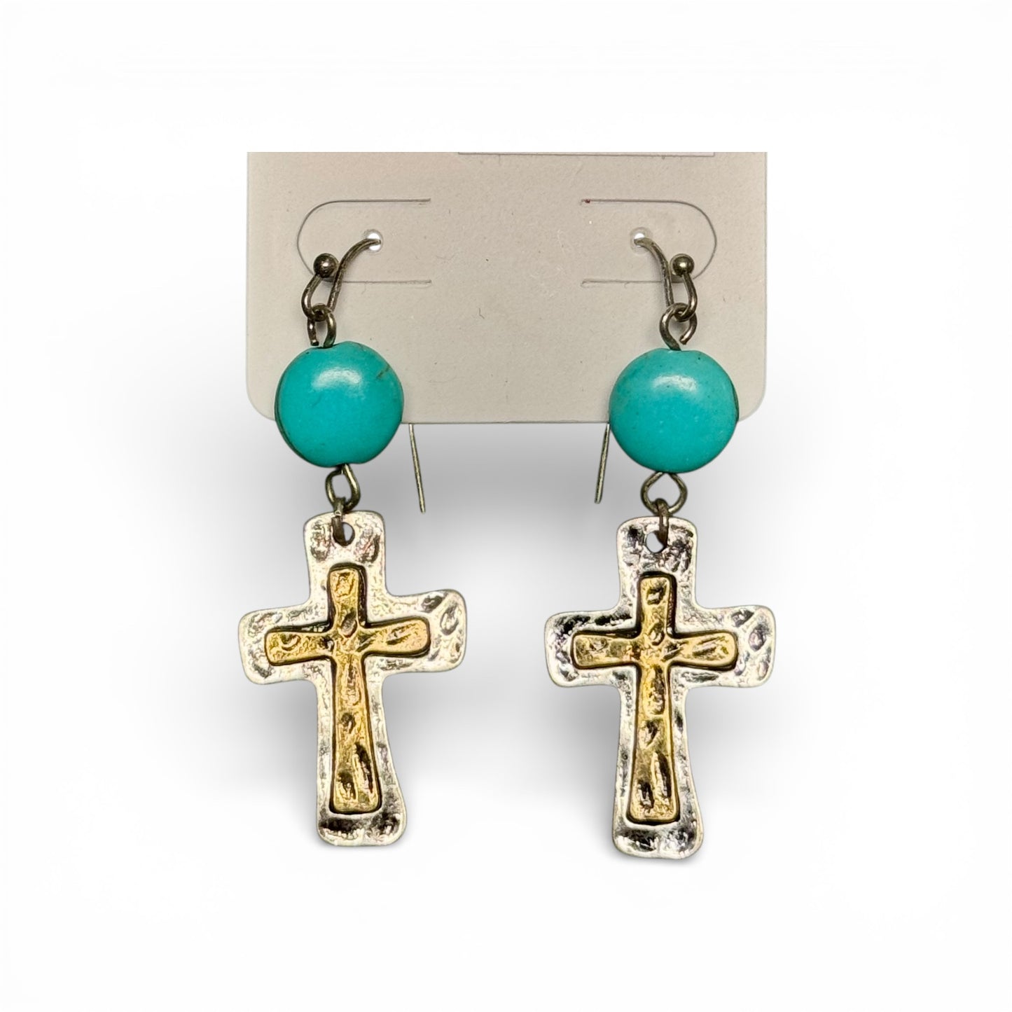 TURQUOISE STONE AND CROSS DANGLE EARRINGS