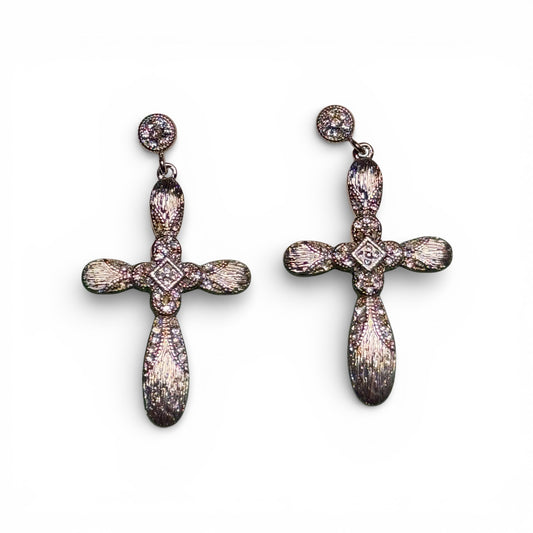 TEXTURED SILVER AND RHINESTONE CROSS EARRINGS