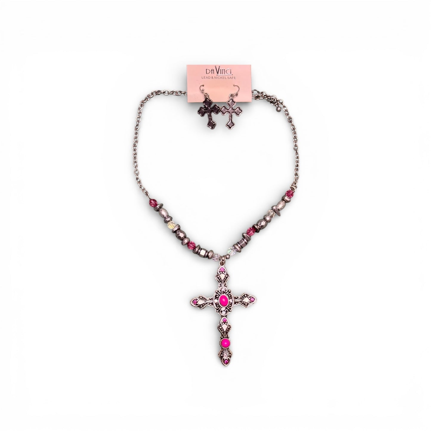 METAL AND GLASS BEAD CROSS NECKLACE