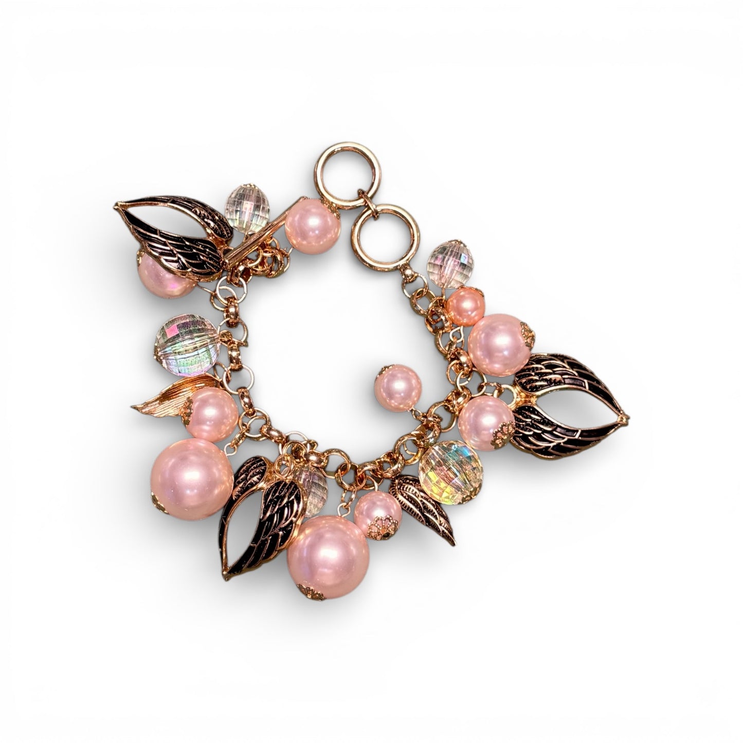 PINK PEARL, AB, AND WING CHARM BRACELET