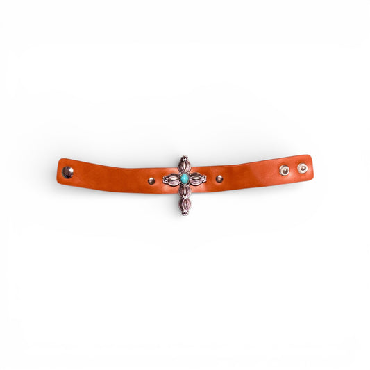 LEATHER TOUCH TURQUOISE STONE AND METAL CROSS BRACELET