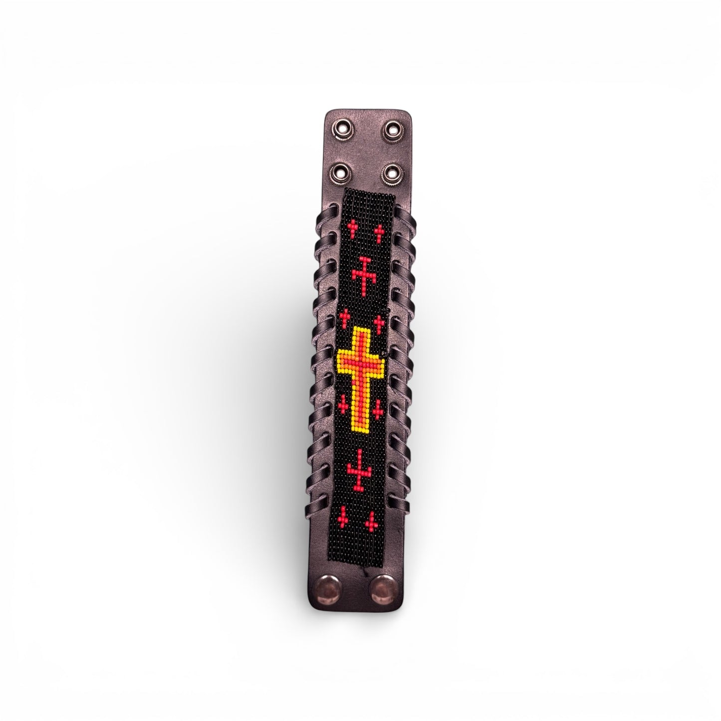 LEATHER SEED BEAD BRACELET WITH CROSSES