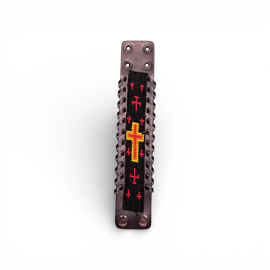 LEATHER SEED BEAD BRACELET WITH CROSSES