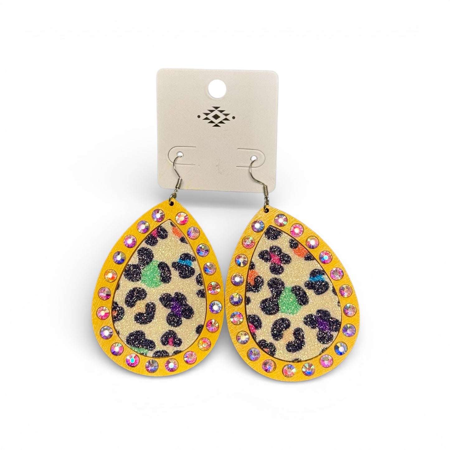 WOOD TEAR DROP EARRINGS WITH SPARKLE LEOPARD PRINT AND AB STONES