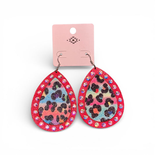 WOOD TEAR DROP EARRINGS WITH SPARKLE LEOPARD PRINT AND AB STONES
