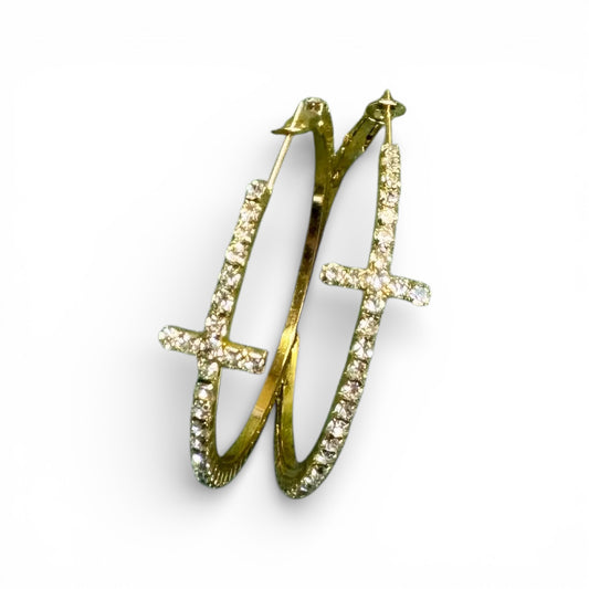 GOLD CROSS HOOPS WITH WHITE RHINESTONES