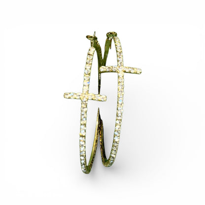 GOLD CROSS HOOPS WITH WHITE RHINESTONES