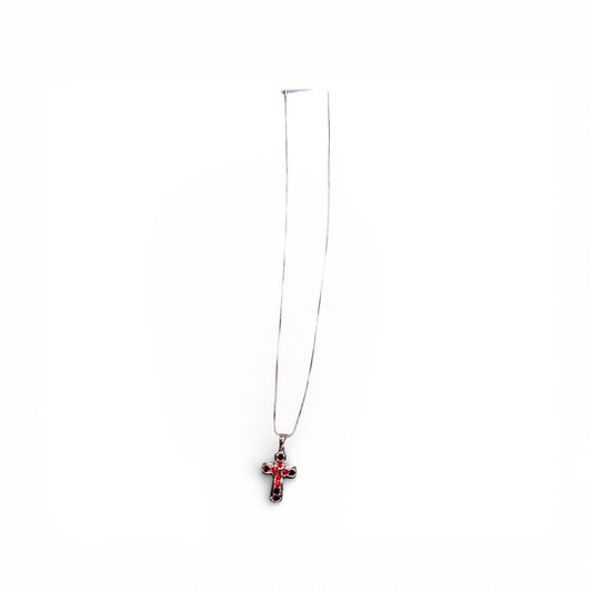 SILVER AND RED RHINESTONE CROSS NECKLACE