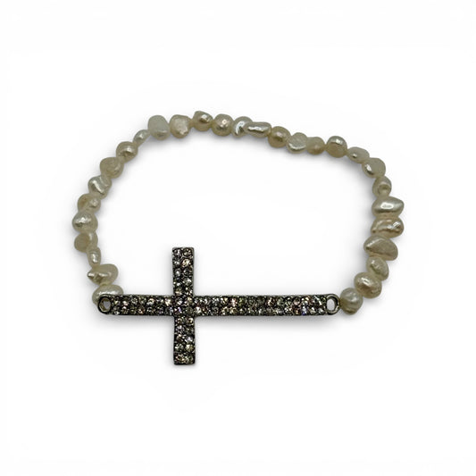 RHINESTONE CROSS WITH CREAM BEAD BRACELET