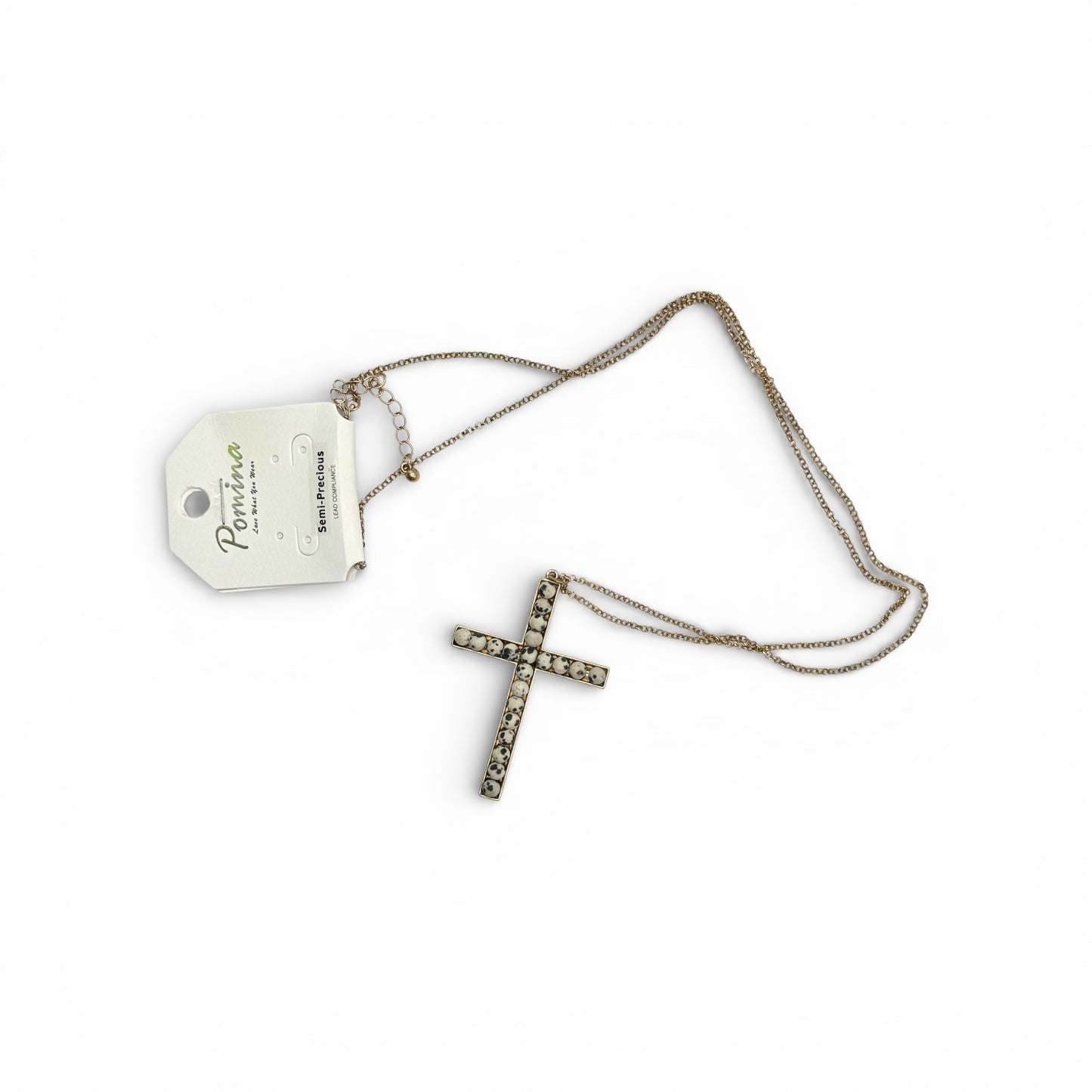 GOLD CHAIN WITH BLACK AND WHITE STONES IN CROSS
