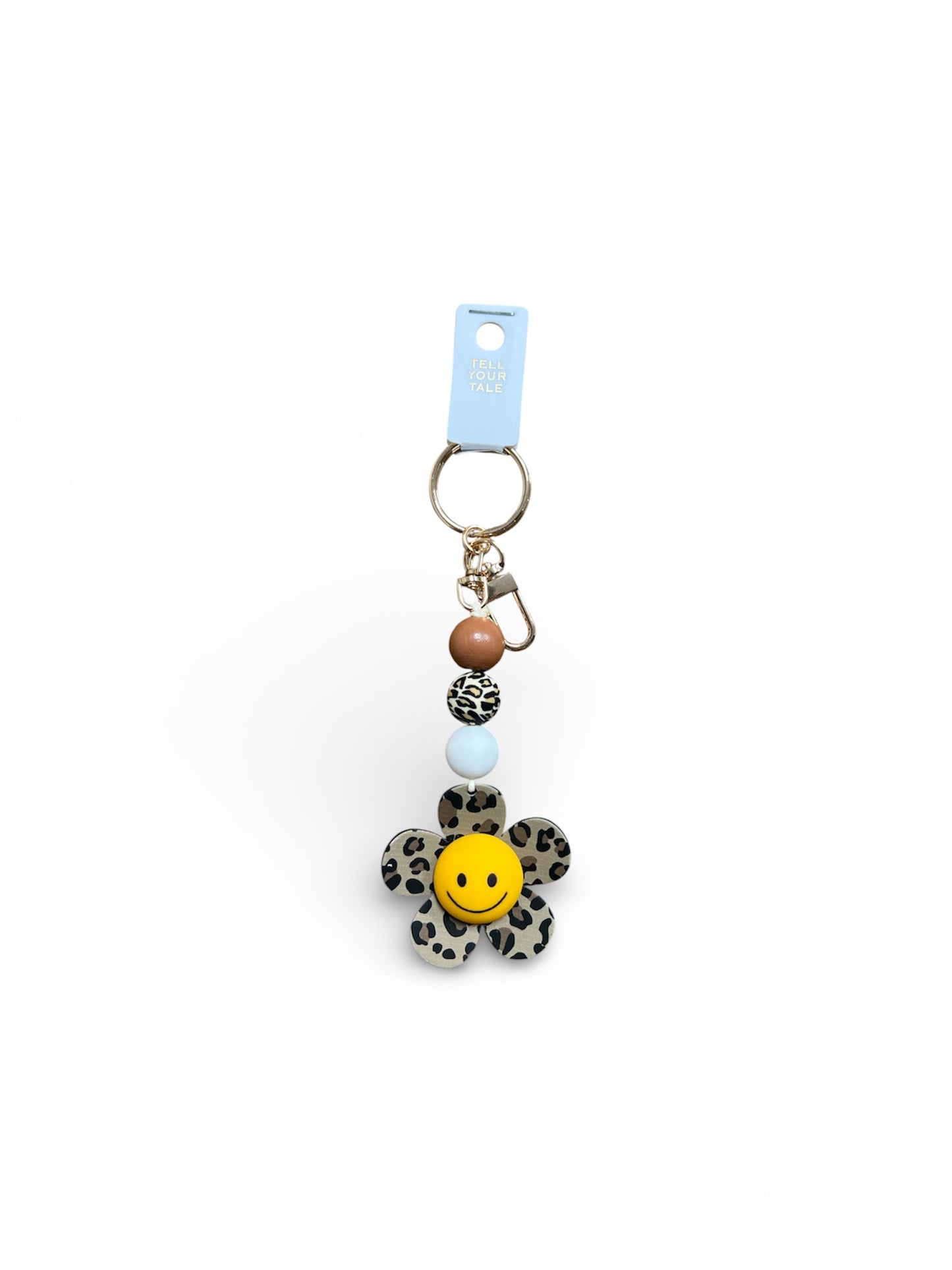 LEOPARD PRINT SMILEY FACE FLOWER KEYCHAIN