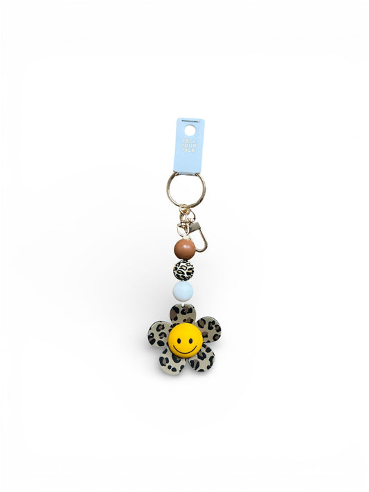 LEOPARD PRINT SMILEY FACE FLOWER KEYCHAIN