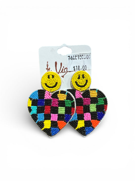 SMILEY FACE WITH CHECKERED HEART SEED BEAD EARRINGS
