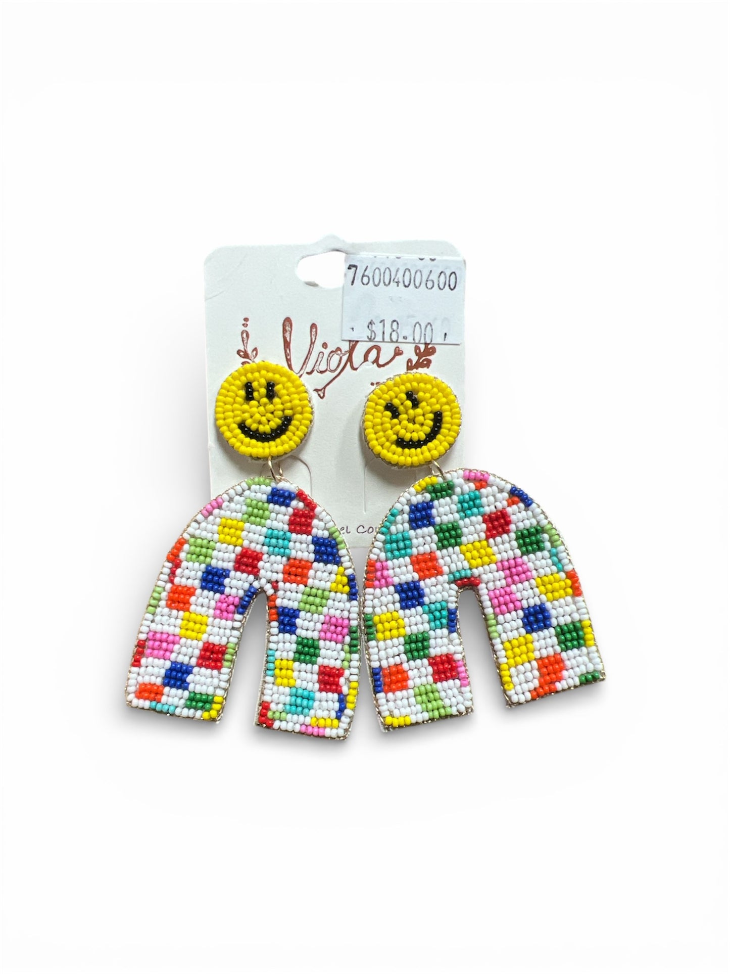 SMILEY FACE AND CHECKERED RAINBOW SEED BEAD EARRINGS