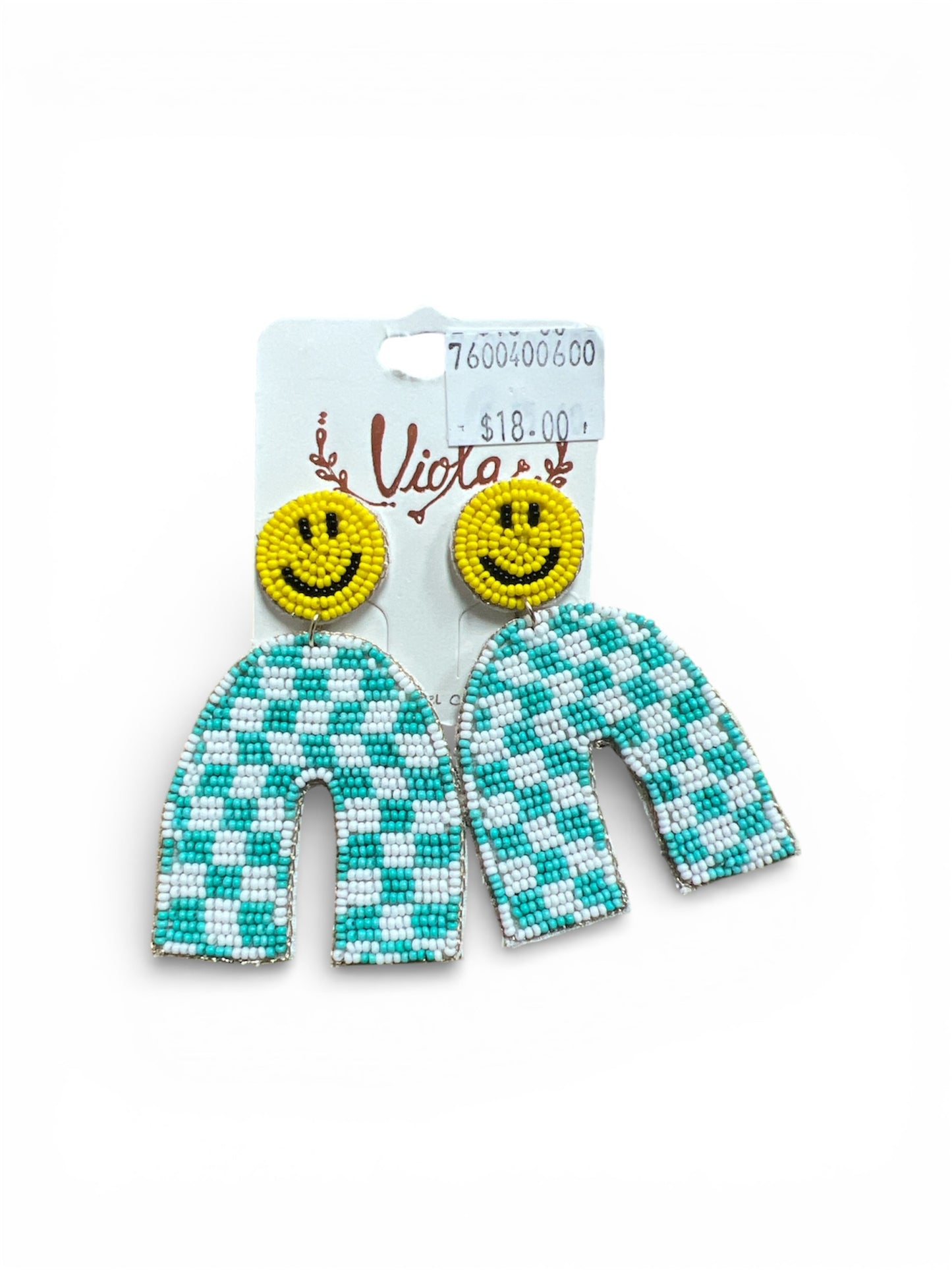 SMILEY FACE AND CHECKERED RAINBOW SEED BEAD EARRINGS