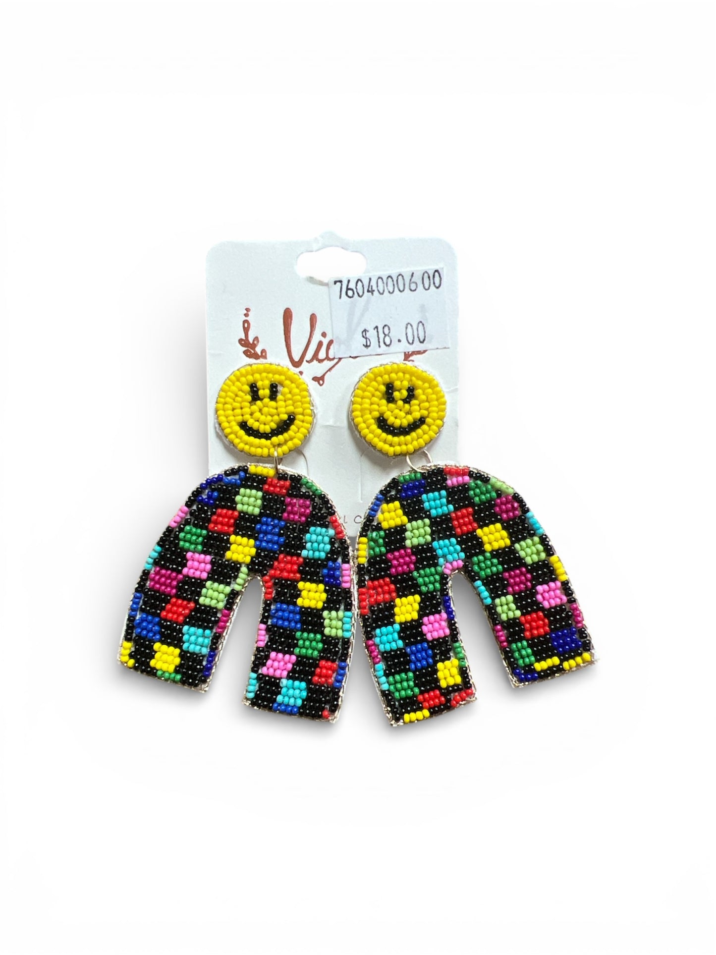 SMILEY FACE AND CHECKERED RAINBOW SEED BEAD EARRINGS