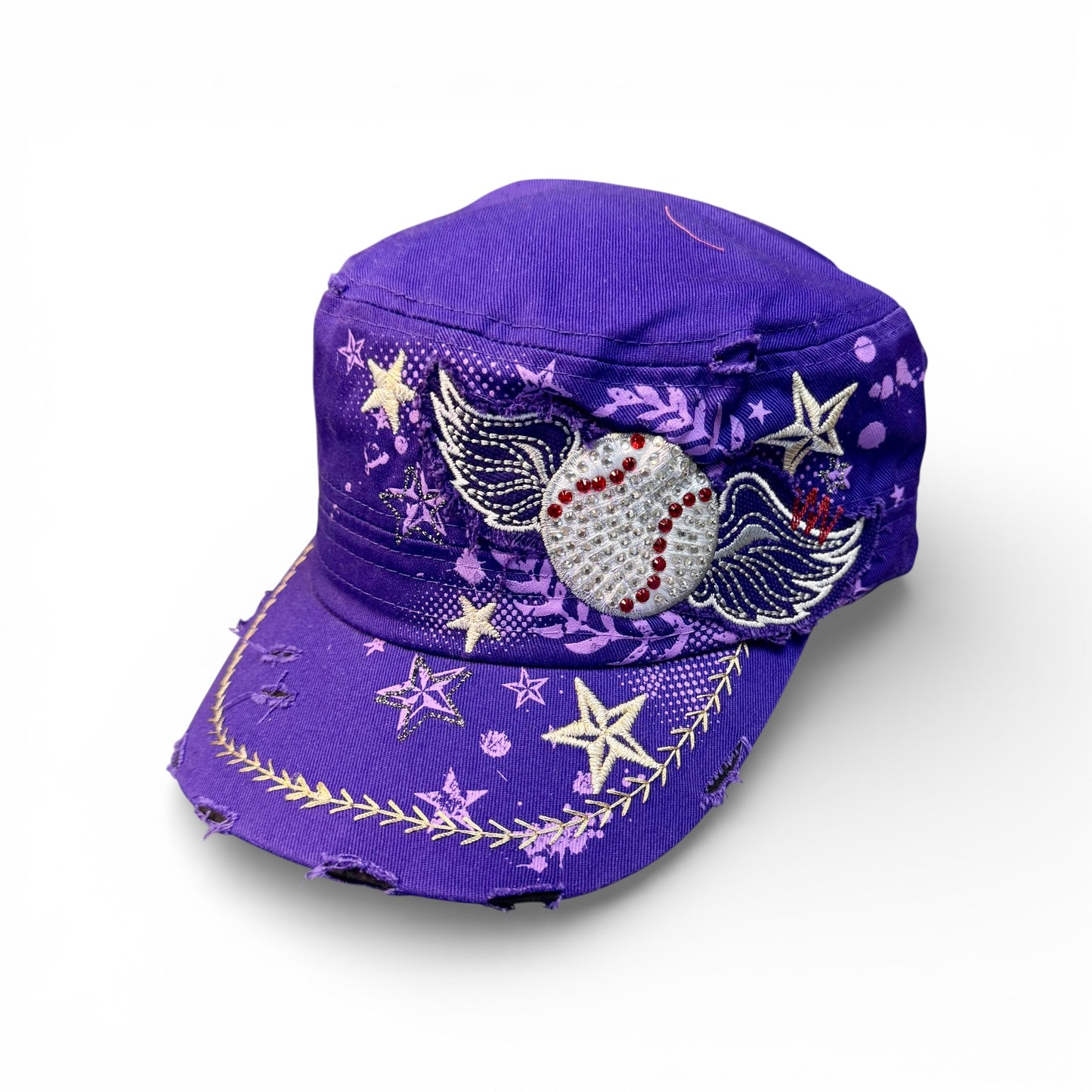 DISTRESSED CADET STYLE HAT WITH RHINESTONE BASEBALL