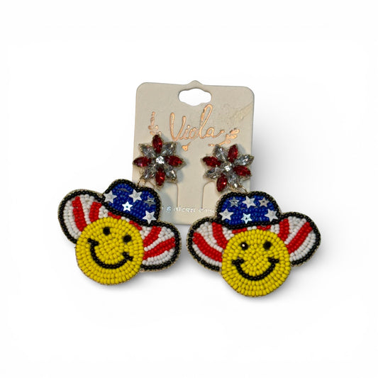 SMILE FACE AND FLAG HAT SEED BEAD EARRINGS