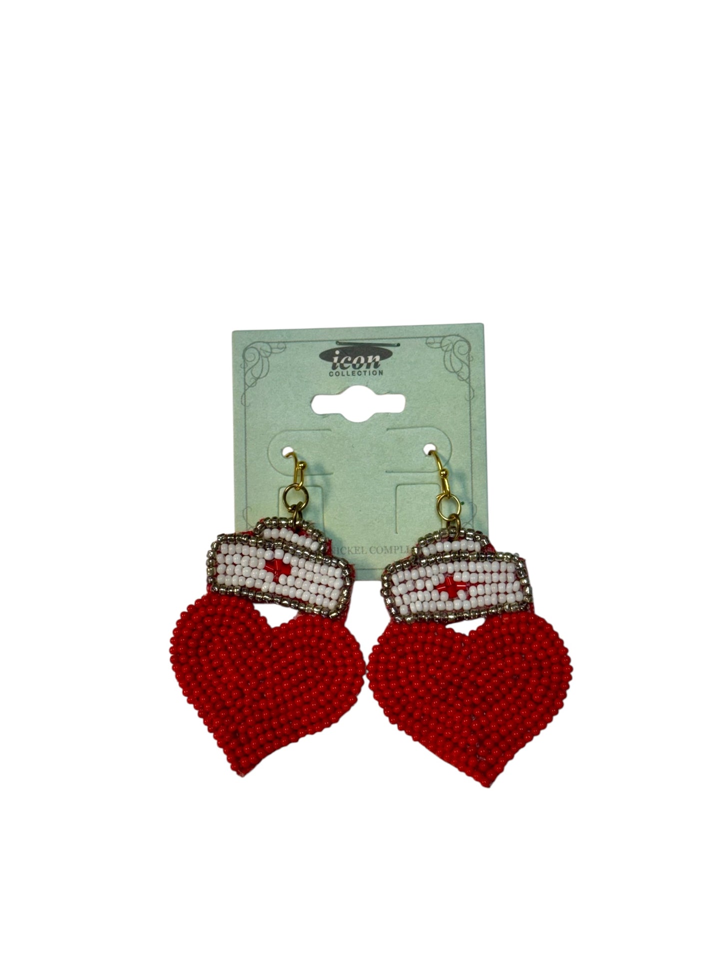 NURSE HAT AND HEART SEED BEAD EARRINGS