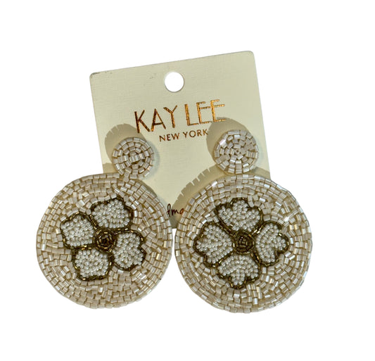 IVORY AND GOLD FLOWER SEED BEAD EARRINGS