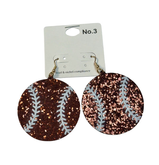 BROWN GLITTER BASEBALL EARRINGS