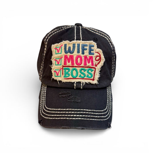 WIFE, MOM, BOSS DISTRESSED BALL CAP