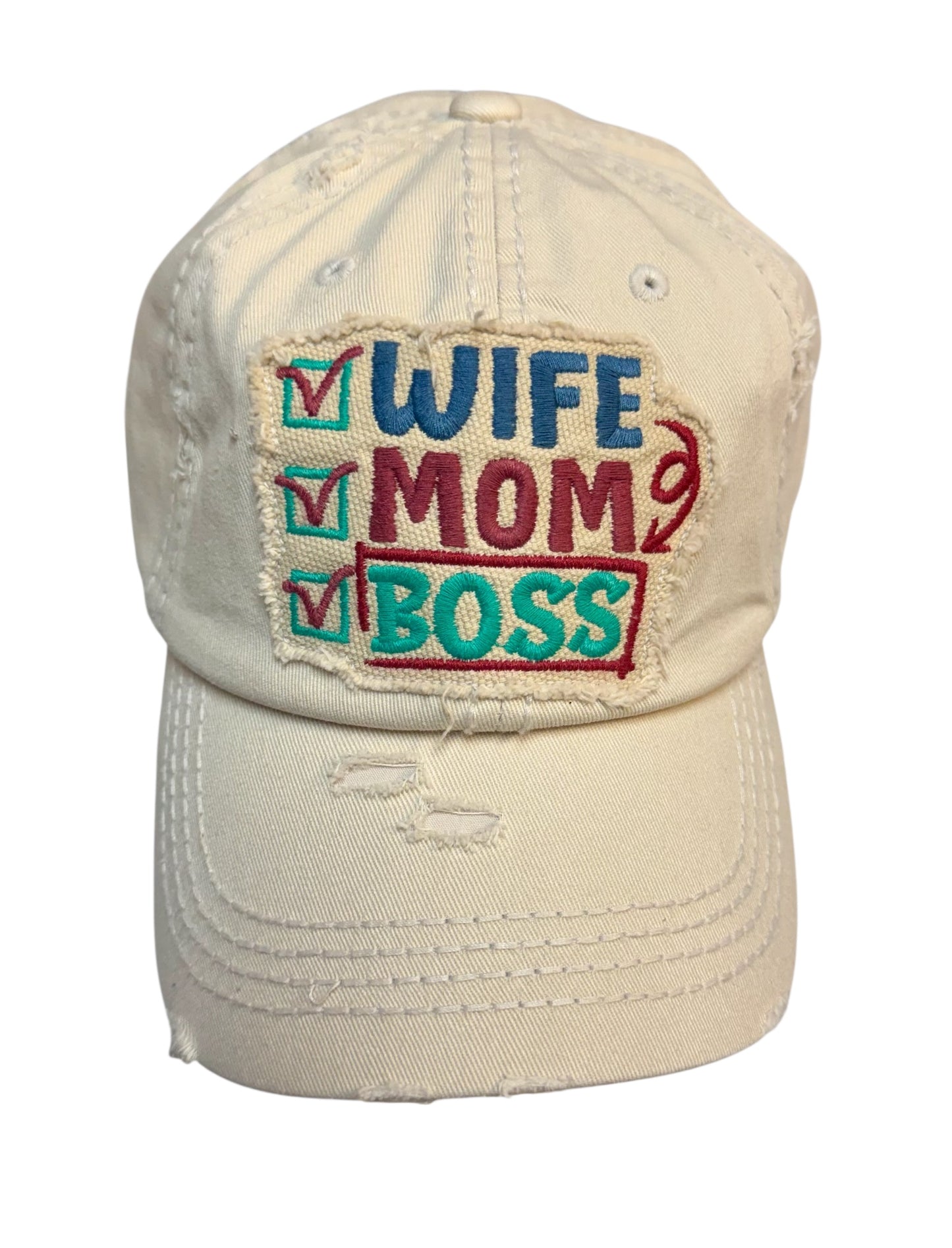 WIFE, MOM, BOSS DISTRESSED BALL CAP