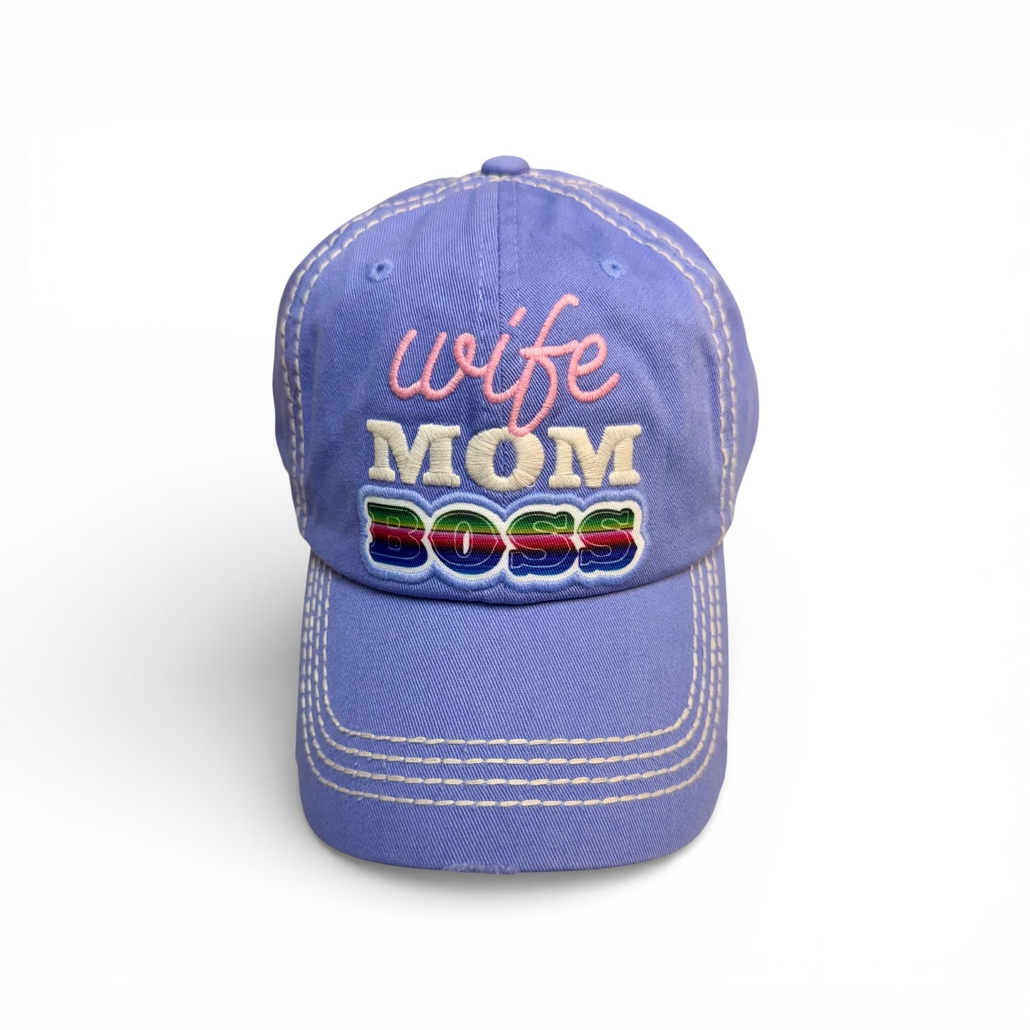WIFE, MOM, BOSS DISTRESSED BALL CAP