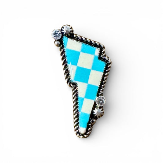 BLUE AND WHITE CHECKER LIGHTNING BOLT RING