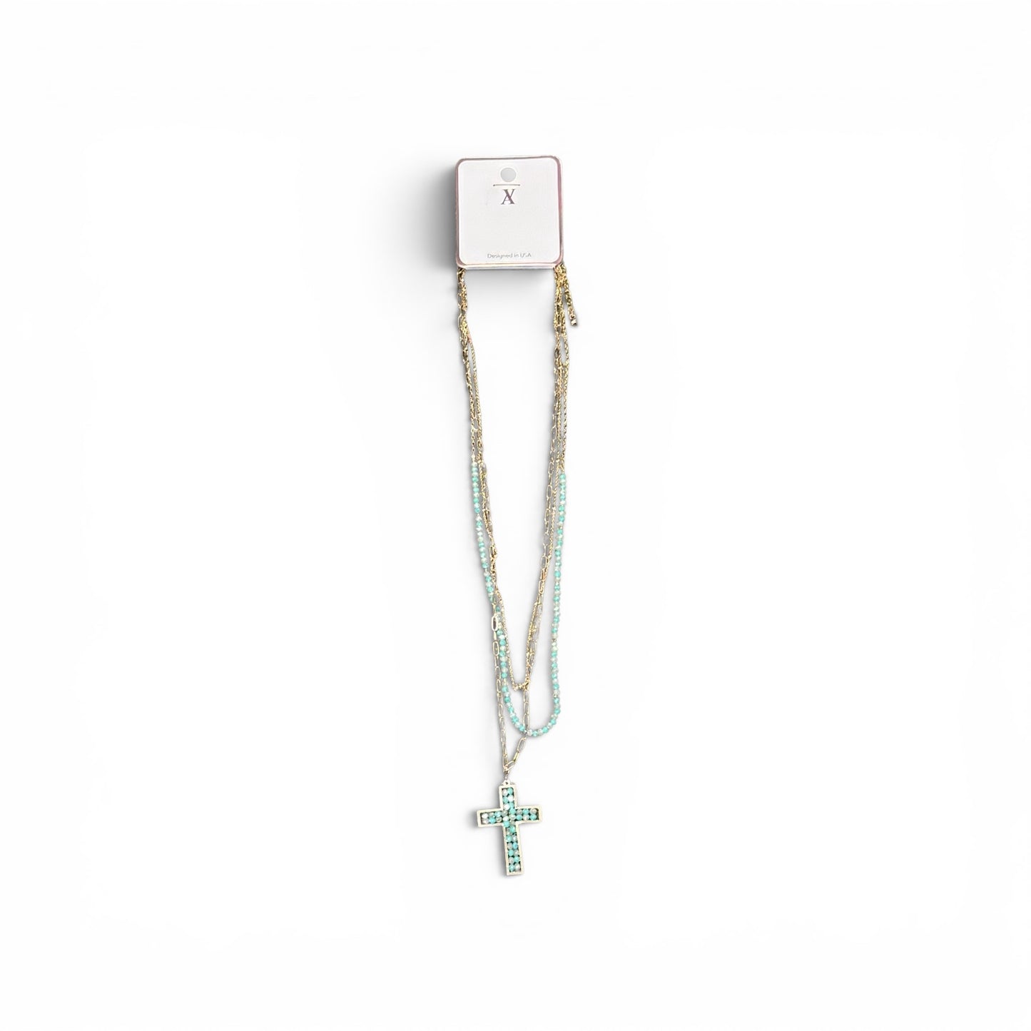 3 STRAND CHAIN AND BEAD CROSS NECKLACE