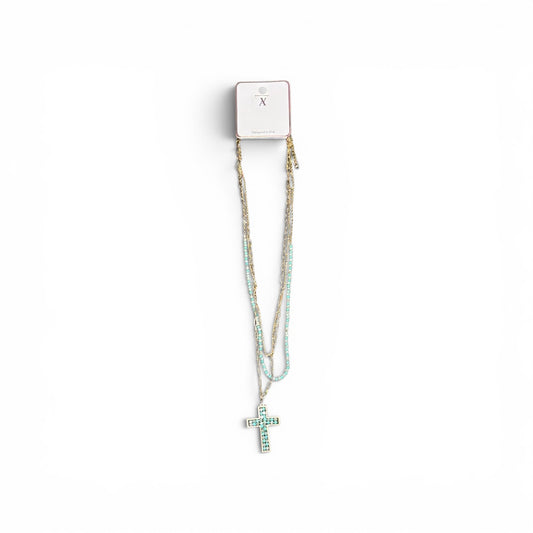 3 STRAND CHAIN AND BEAD CROSS NECKLACE