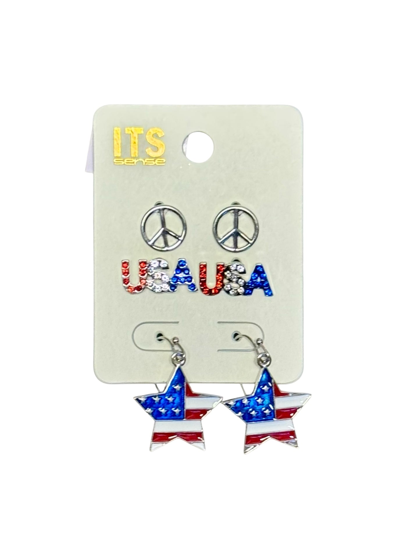 3 PAIR PEACE, USA, STAR FLAG EARRINGS