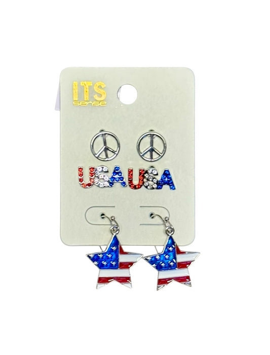 3 PAIR PEACE, USA, STAR FLAG EARRINGS