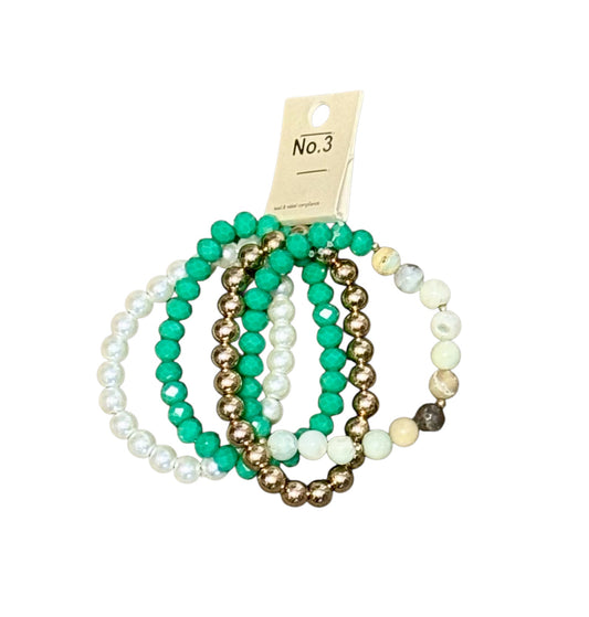 4 PIECE MIXED BEAD GREEN, GOLD, AND PEARL BRACELET STACK