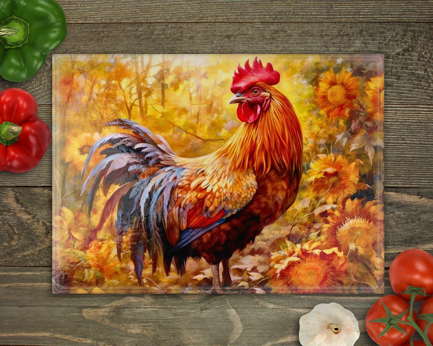 Rooster Fall Glass Cutting Board