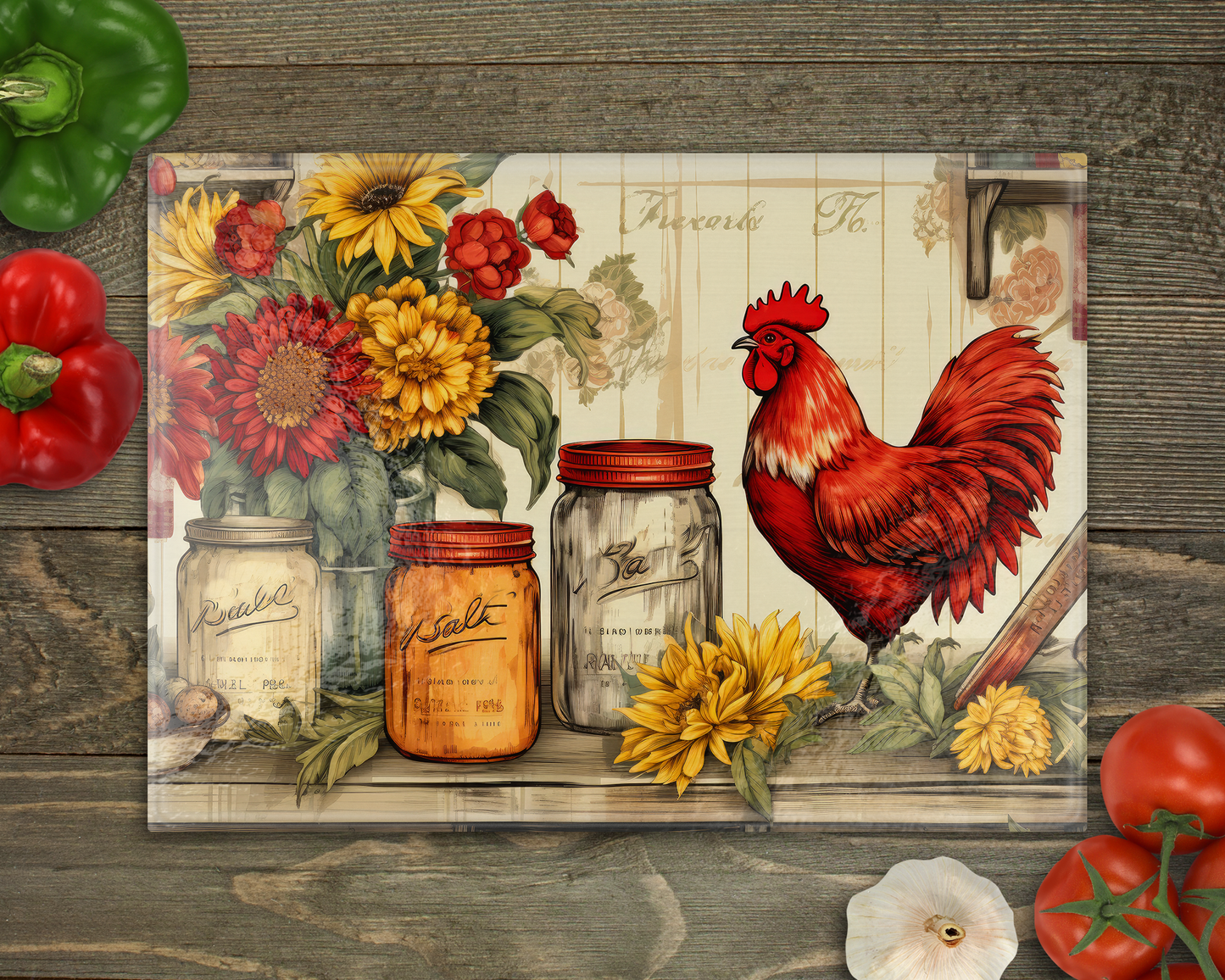 Rooster Farmhouse Glass Cutting Board