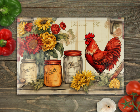 Rooster Farmhouse Glass Cutting Board