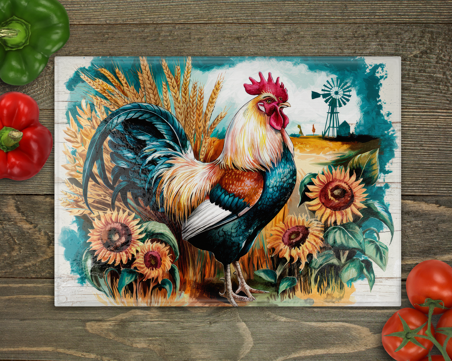 Rooster Teal Glass Cutting Board