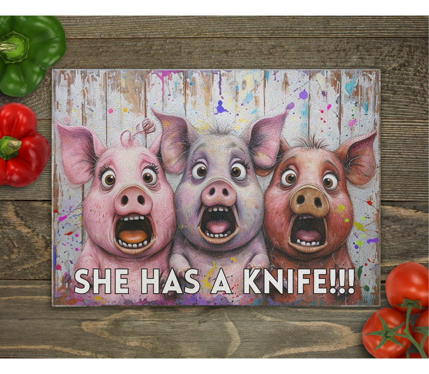 Scared Pigs "She has a kn!fe" Glass Cutting Board