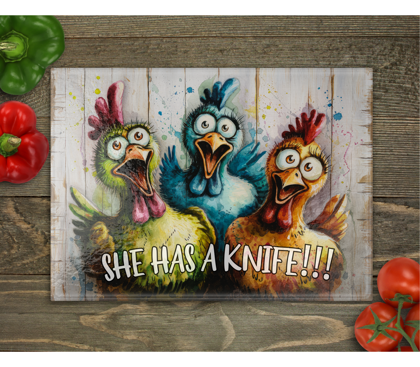 Scared Chickens "She has a kn!fe" Glass Cutting Board