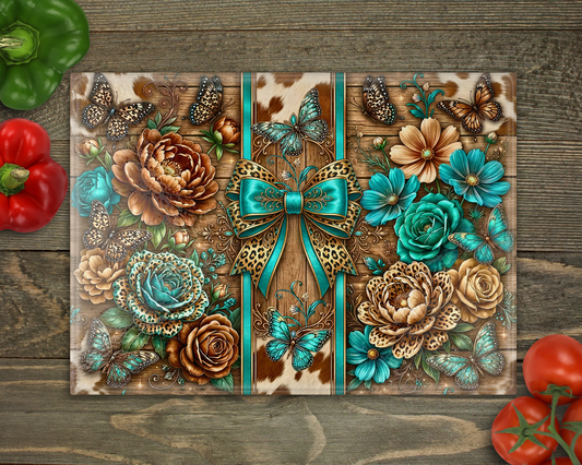 Teal Coquette Cow print Glass Cutting Board