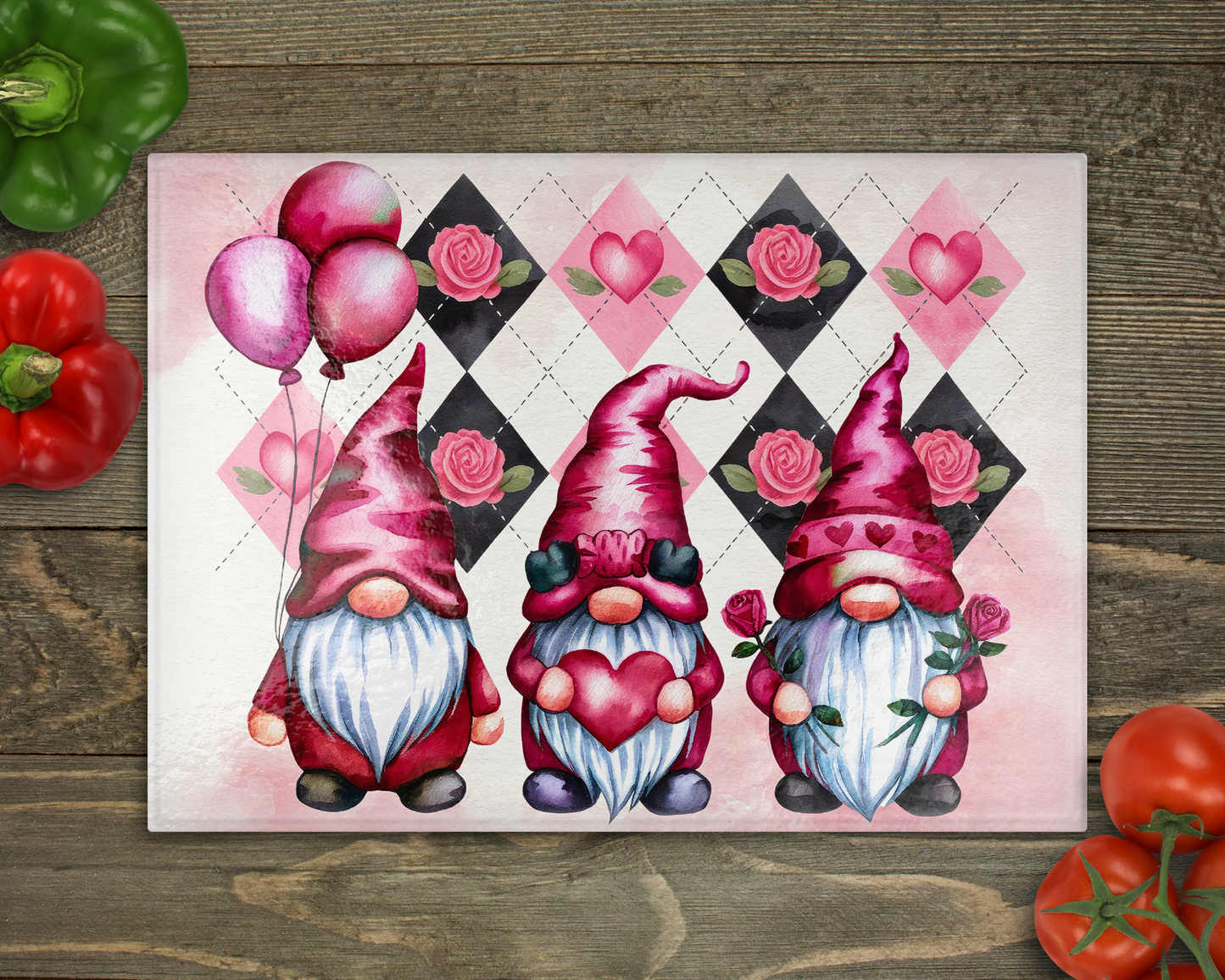 Valentine Gnomes Glass Cutting Board