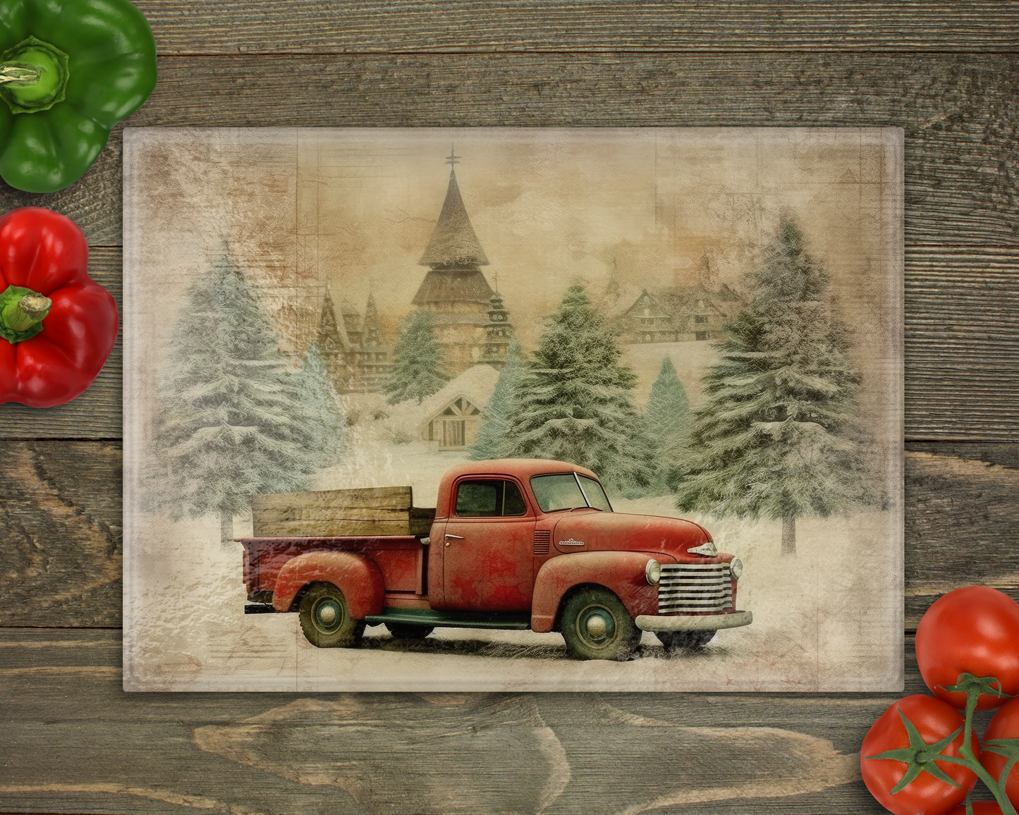 Vintage Red Truck Glass Cutting Board