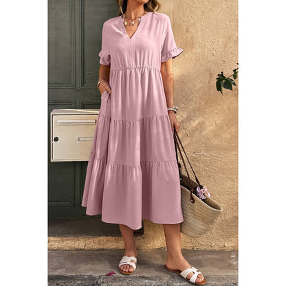 Solid V Neck A Line Ruffle Hem Pleated Dress