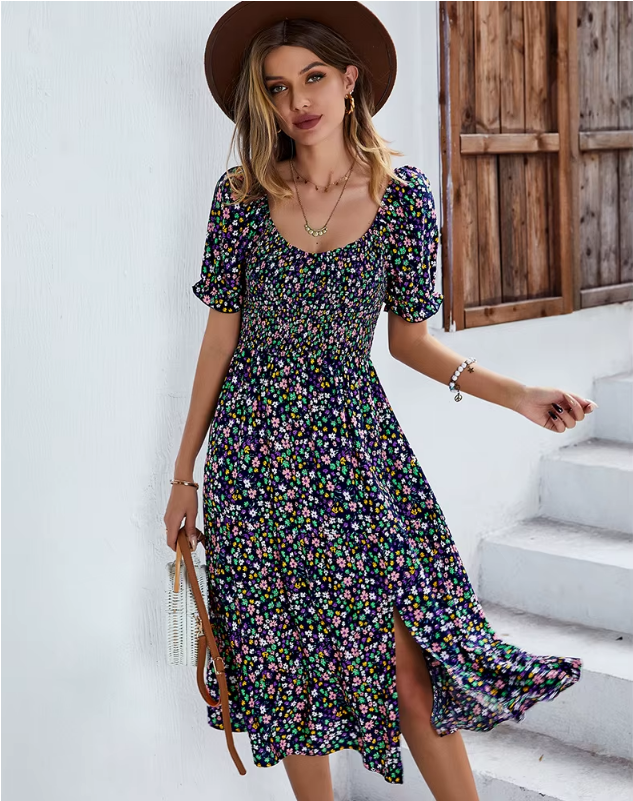 Bohemia Floral Puff Sleeve High Waist Flounce Sleeve Dress