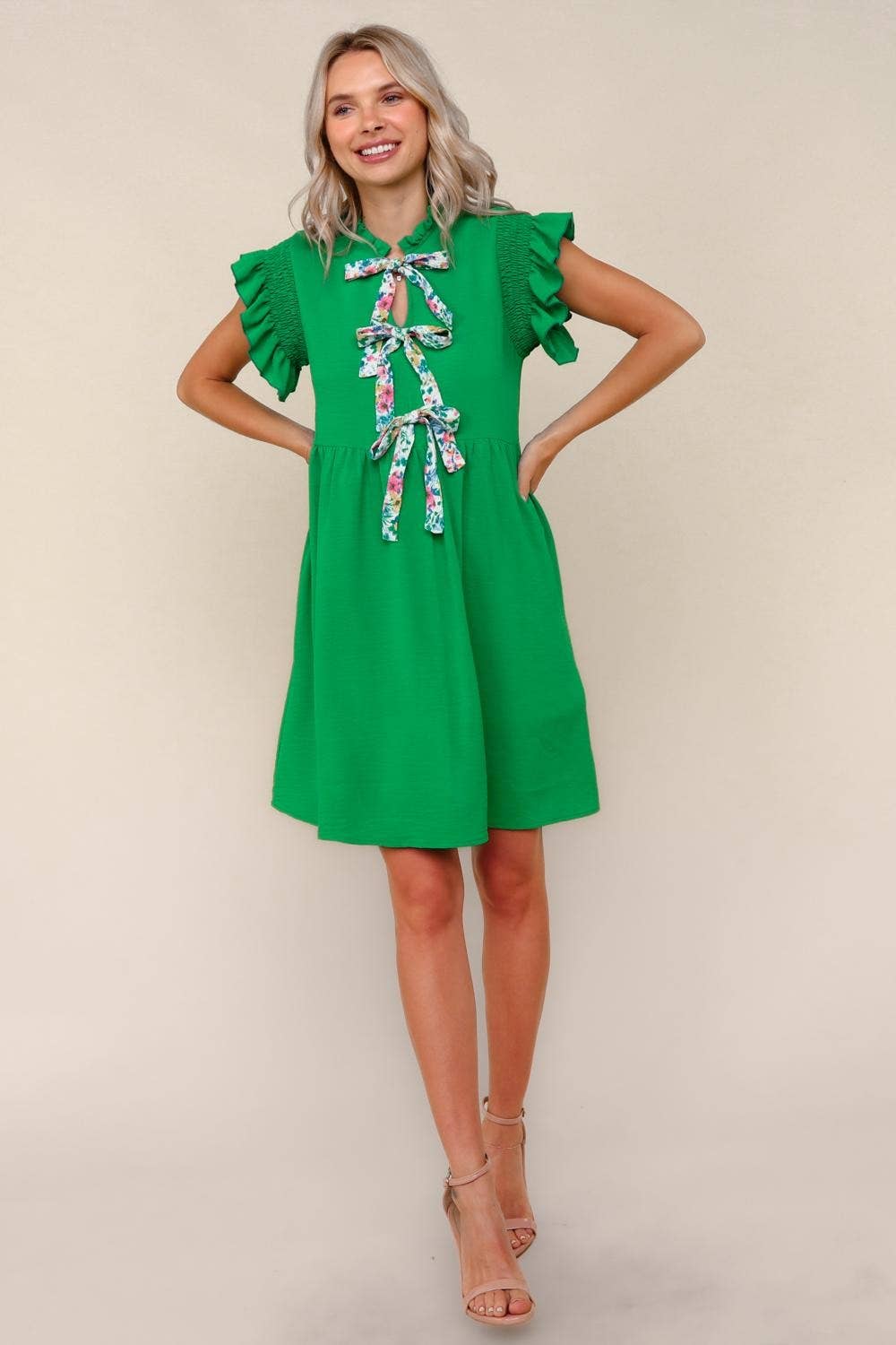 Plus Solid Woven Midi Dress W/ Floral Bow Tie