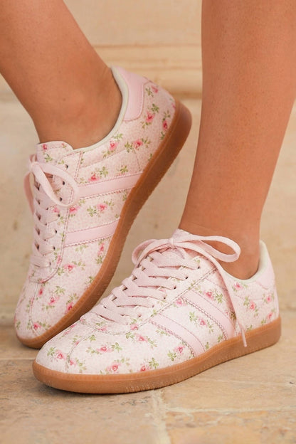 Floral Print Lace-up PU Leather Flat Shoes