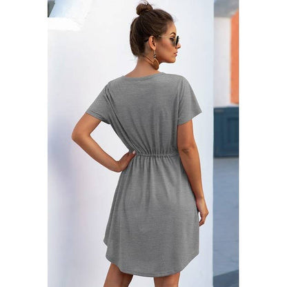 Solid V Neck Button Down Tie Waist Jersey Dress