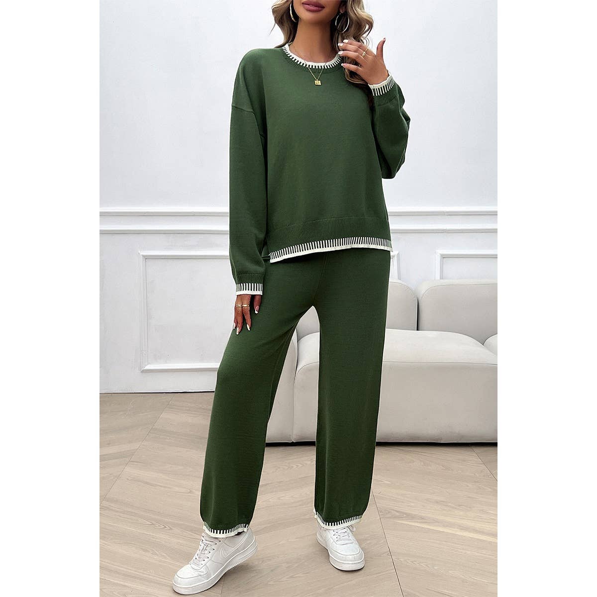 Color Block Round Neck Drop Shoulder Loose Set