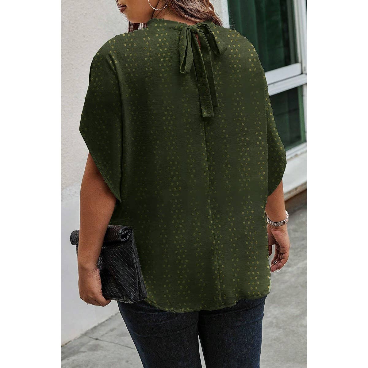 Plus Swiss Dot Solid Loose Half Sleeve Blouse